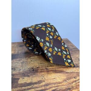 1970s Qiana Brown Burnt Orange White Fall Lattice Floral Disco Nylon Wide Tie